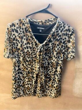 Sara Michelle Leopard-Print Tie Front Short Sleeve Top - Brown/Black/Cream